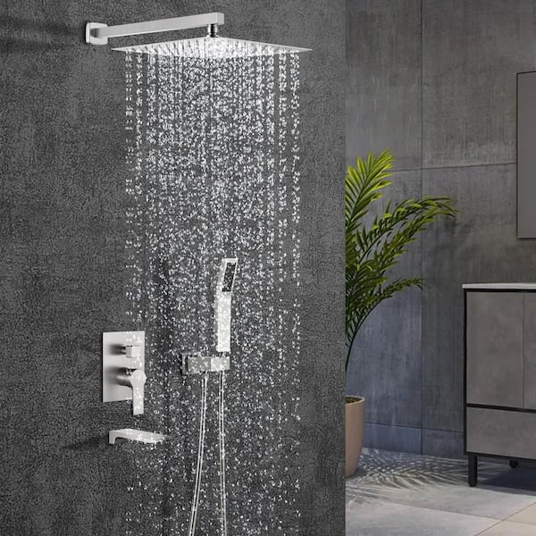 Single Handle 1-Spray Tub and Shower Faucet 2.5 GPM with 12 in. Shower Head in Brushed Nickel (Valve Included)