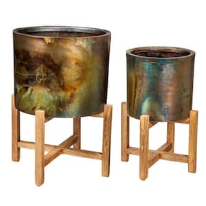 Metallic Patina Planters With Wood Stand (2-Pack)