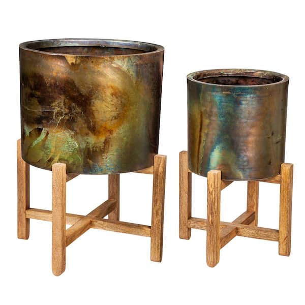 Evergreen Metallic Patina Planters With Wood Stand (2-Pack)