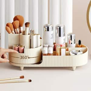 Vanity Make-up Organizer with 360 Rotating Plastic Makeup Brush Holder in Cream