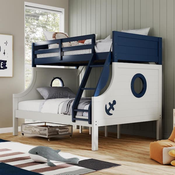 Poso Blue and White Twin over Full Bunk Bed with Angled Ladder