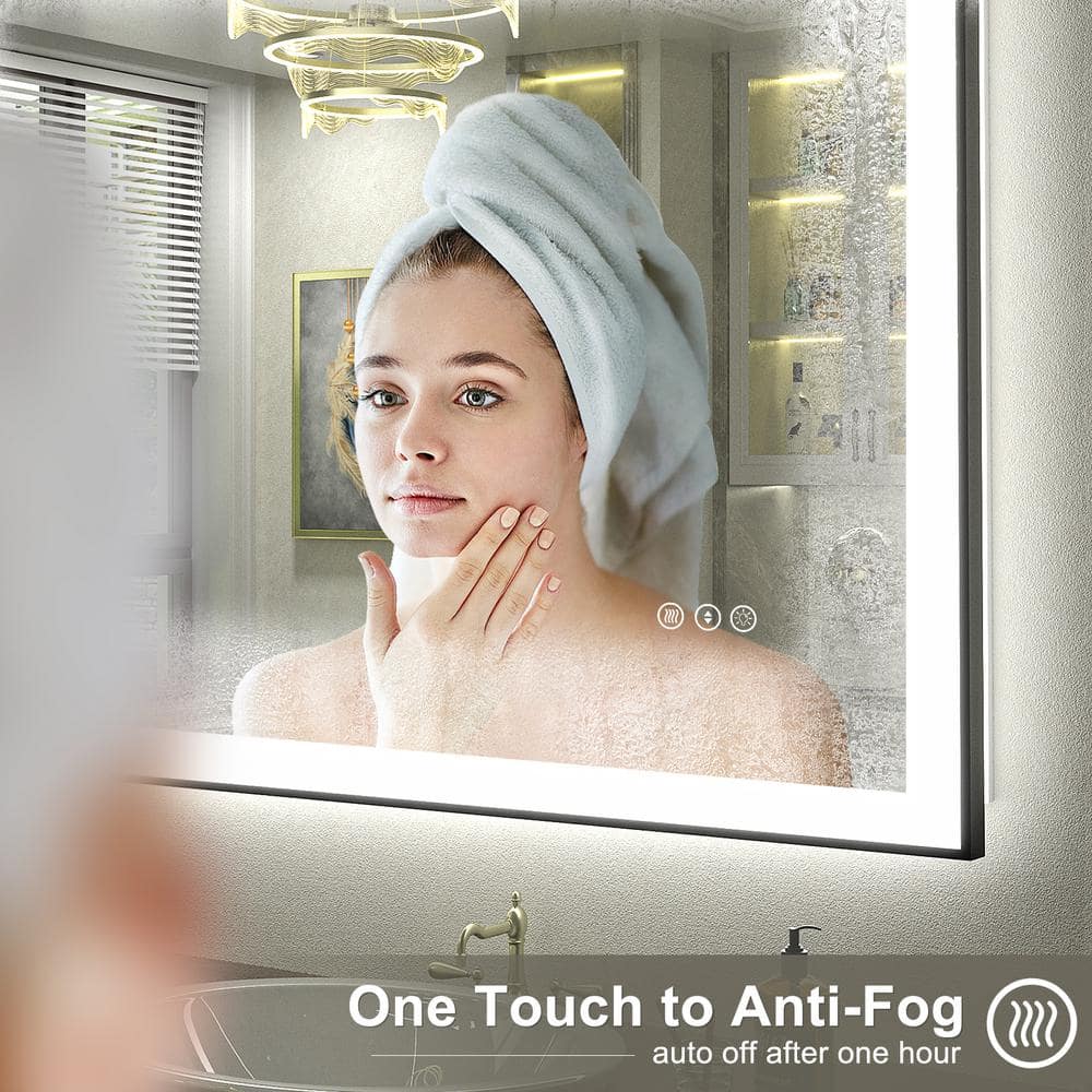 Matte Black LED Lighted Anti-Fog Tempered Glass Vanity Mirror, 60" x 28"