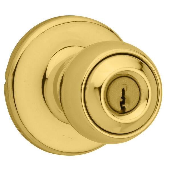 Kwikset Polo Polished Brass Exterior Entry Door Knob Featuring Microban Antimicrobial Technology