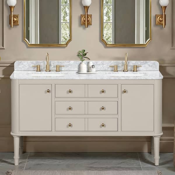 Collette 60 in. Double Sink Greige Bath Vanity with White Carrara Marble Top (Assembled)