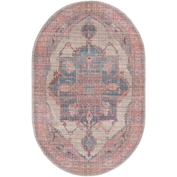 Unique Loom Nostalgia Ella Antique Beige 5 ft. x 8 ft. Oval Machine Washable Area Rug