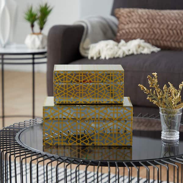 Gold Wood Geometric Hinged Lid Jewelry Box (Set of 2)