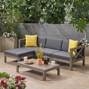 5-piece Wood Acacia Outdoor patio Sectional sofa furniture set with Acacia coffee table and dark grey Cushions