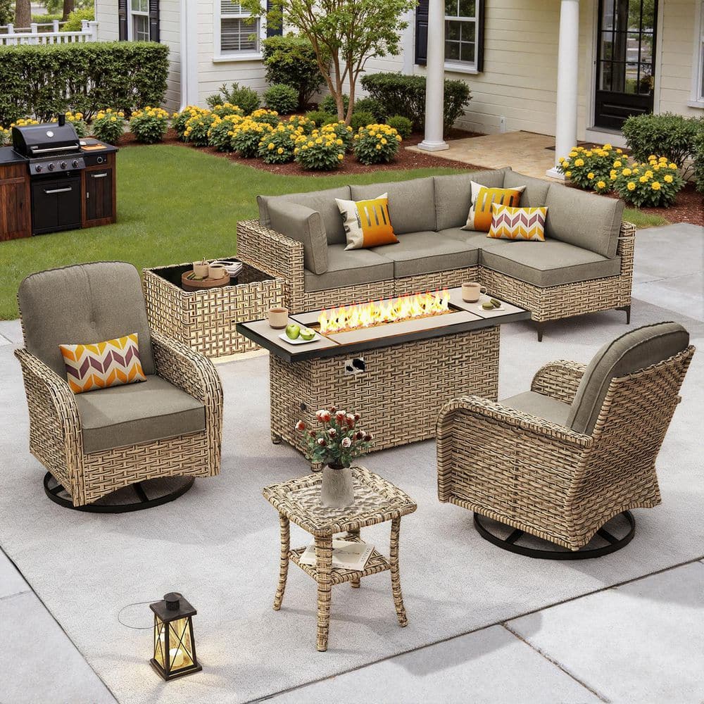Solvoc 9-Piece Wicker Outdoor Patio Conversation Set with 54 in. Fire Pit Table, Dark Gray Cushions and Swivel Chairs price history on PriceWatchPro
