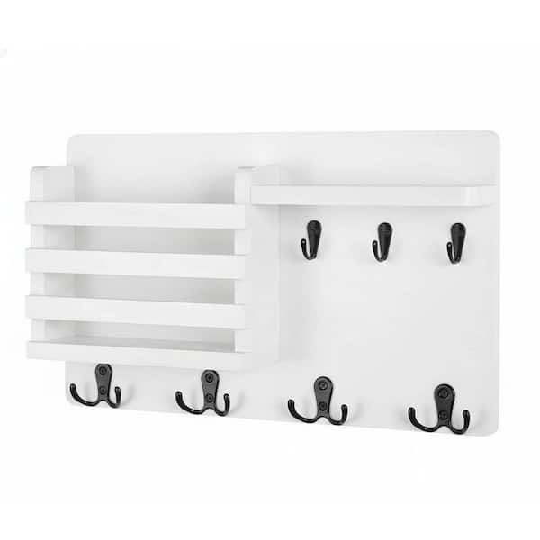 16.8 in. W x 3.2 in. D White Wood Decorative Wall Shelf, Mail Holder for Wall Mail Organizer with 7 Key Hooks
