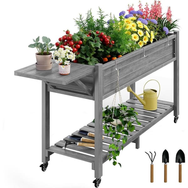 Mximu 57 in. x 18 in. x 30 in. Gray HIPS Raised Garden Bed with Storage Shelf and Wheels