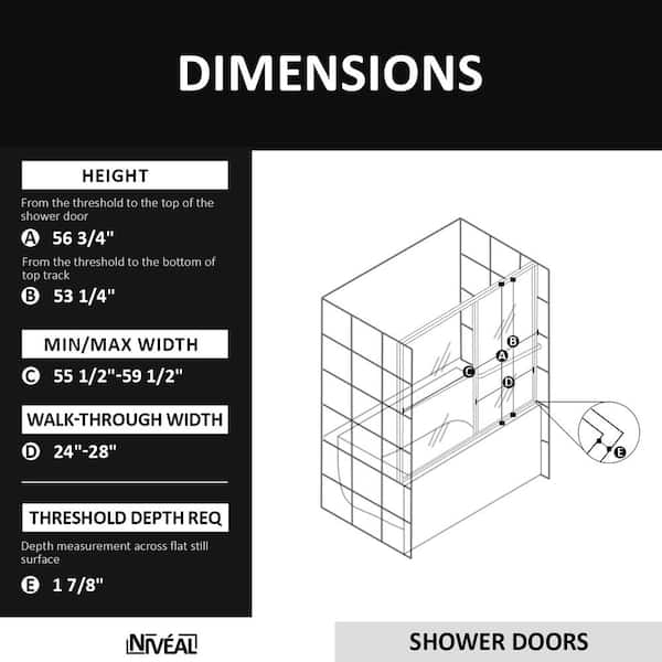 Luminous 59 in. W x 56 in. H Sliding Framed Tub Door in Matte Black Finish with Clear Tempered Glass