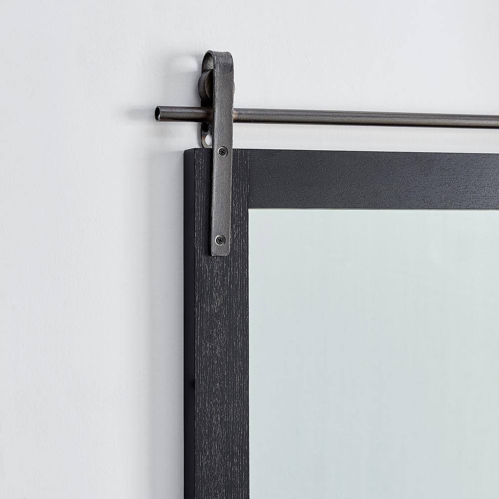 Black Wood Rectangular Barn Door Mirror with Shelf