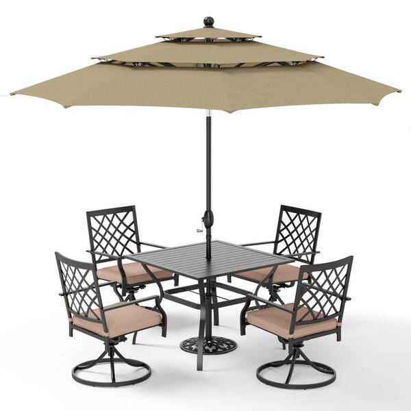 PHI VILLA Black 6-Piece Metal Slat Square Table Patio Outdoor Dining Set with Umbrella and Swivel Chairs with Beige Cushions