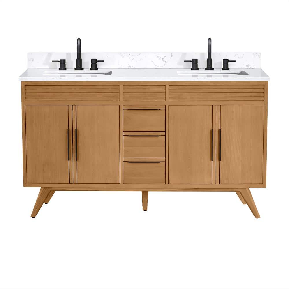 Taylor 61" Natural Teak Double Sink Vanity with White Stone Top