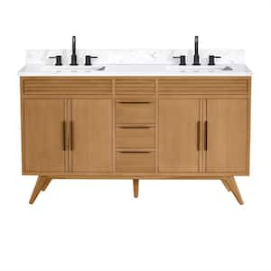 Taylor 61 in. Double Sink Natural Teak Bath Vanity with Cala White Engineered Stone Top