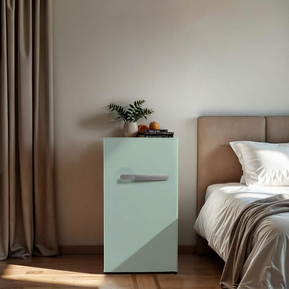 Sage Green Retro Compact Refrigerator with Silver Bar Handle