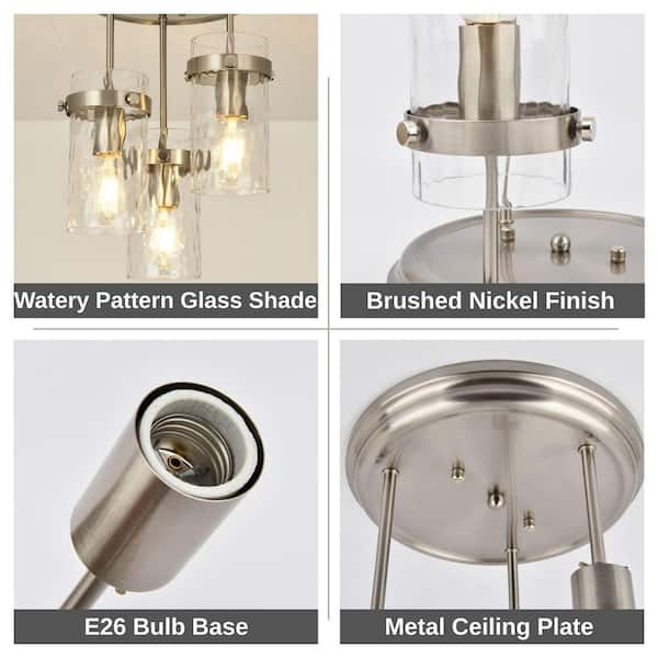 Essel 9.84 in. 3-Light Brushed Nickel Modern Semi-Flush Mount With Hammered Glass Shade and No Bulbs Included