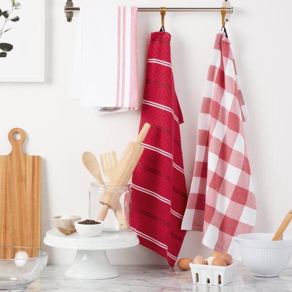 Stripe Gingham Passion Red Cotton Kitchen Towel (Set of 3)