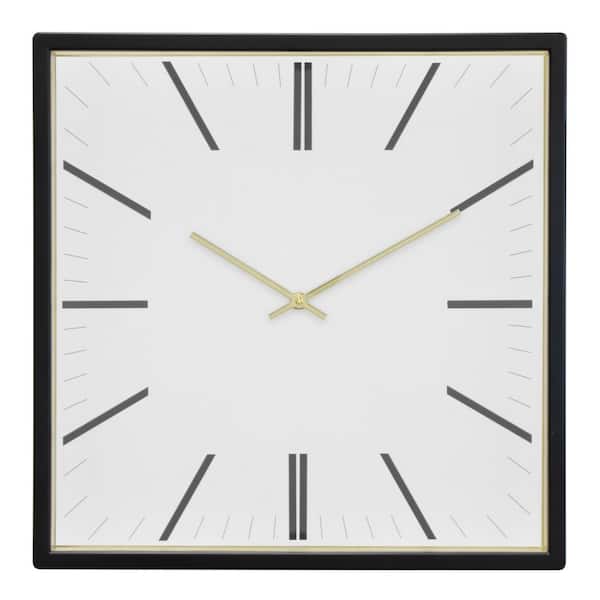 Forma Square Modern Wall Clock, 16 in. Minimalist Black Frame with Gold Trim Quartz Movement, Glass Face