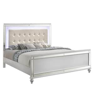 New Classic Furniture Valentino White Wood Frame King Panel Bed with Lighted Headboard