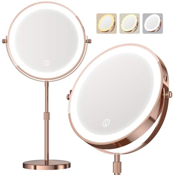 360° Rotation Bathroom Makeup Mirror with Magnification, Rechargeable Double Sided Mirror with 3-Colors, Rose Gold