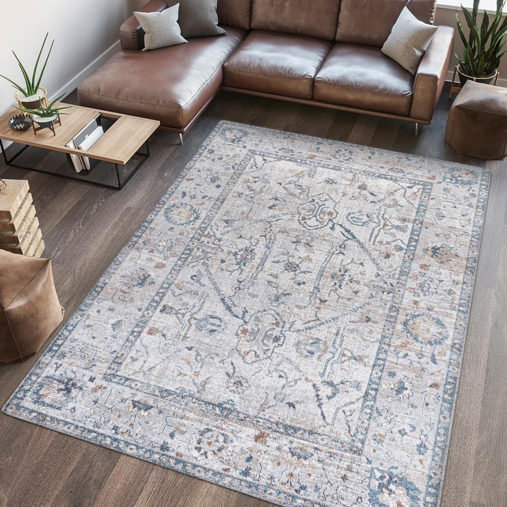 Light Gray and Blue Low-Pile Machine-Washable Rectangular Rug