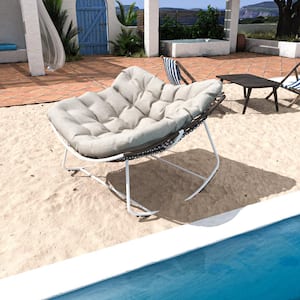 1-Piece Metal White Rattan Rope Club Outdoor Rocking Chair with Beige Cushion