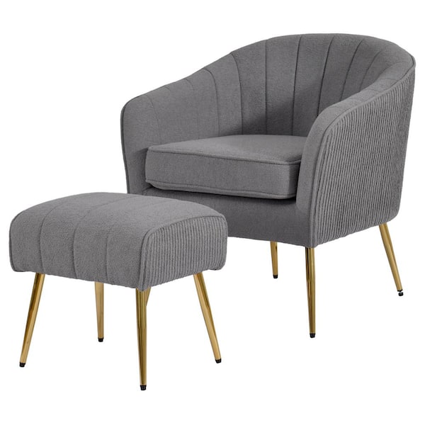 Luisa Dark Grey Teddy Fabric Chair and Ottoman Set of 2