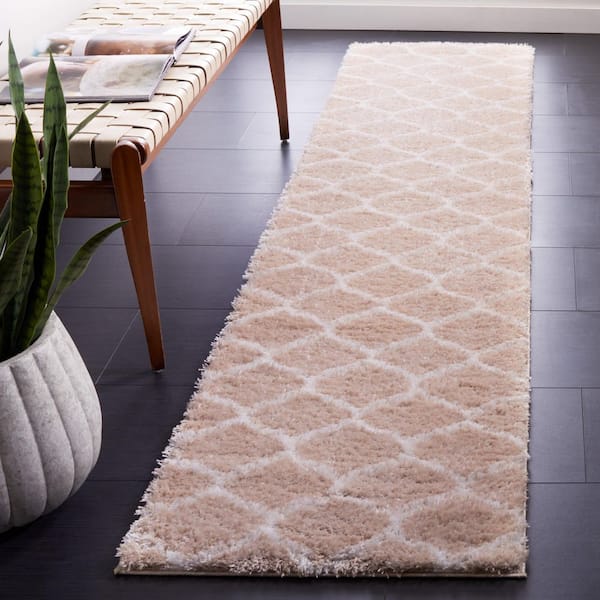 Tahoe Shag 2 ft. x 9 ft. Beige/White Trellis Modern Runner Rug