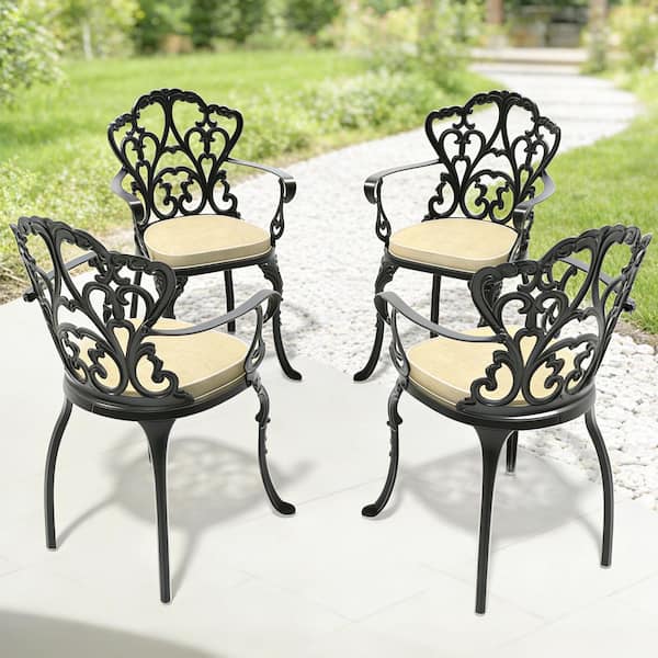 Black Cast Aluminum Patio Dining Chair With Beige Cushions (4-Pack)