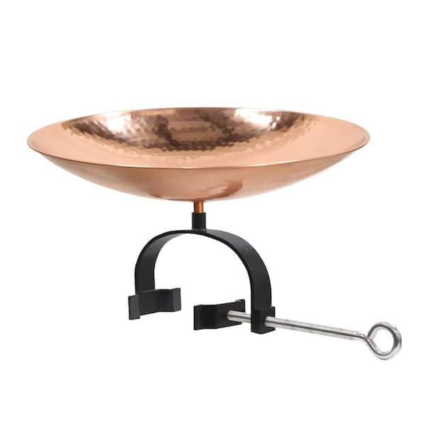 15.75 in. L Round Polished Copper Plated Stainless Steel Birdbath with Wrought Iron Over Rail Bracket