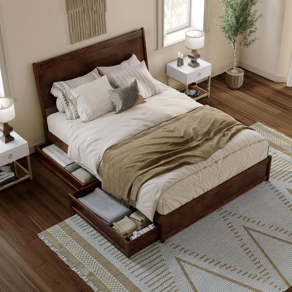 Casanova Queen Dark Walnut Wood Platform Bed with Storage Drawers