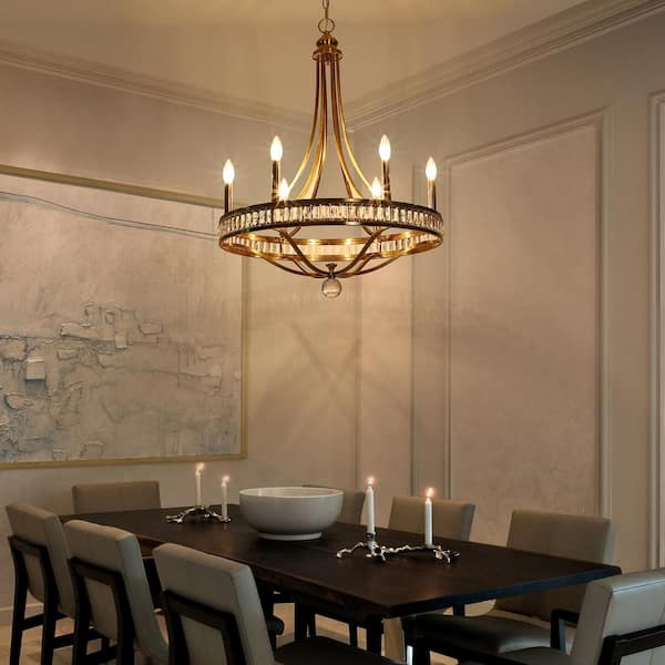 Modern 26 in. 6-Light Gold Wagon Wheel Chandelier for Living Room with Crystal Glass Shades
