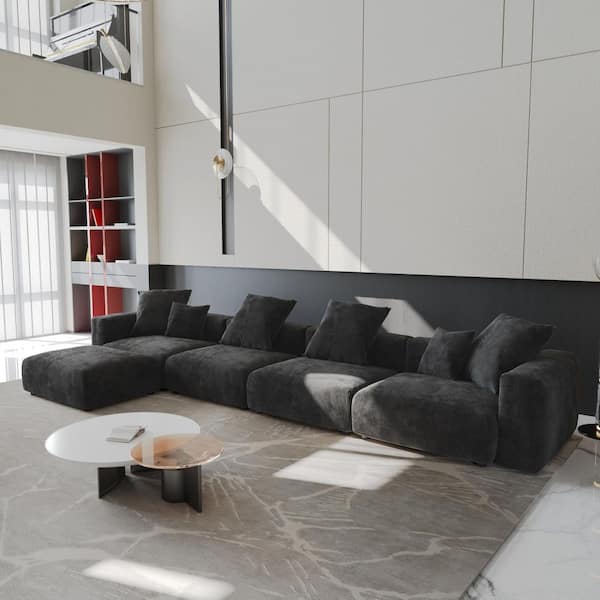 J&E Home 181.1 in. Square Arm 5-Piece Corduroy Modular Sectional Sofa in Black with Removable Covers and Ottoman