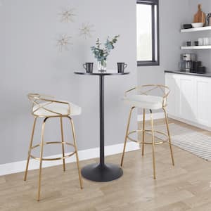 Charlotte Glam 29.75 in. Cream Velvet and Gold Metal Fixed-Height Bar Stool with Round Footrest (Set of 2)