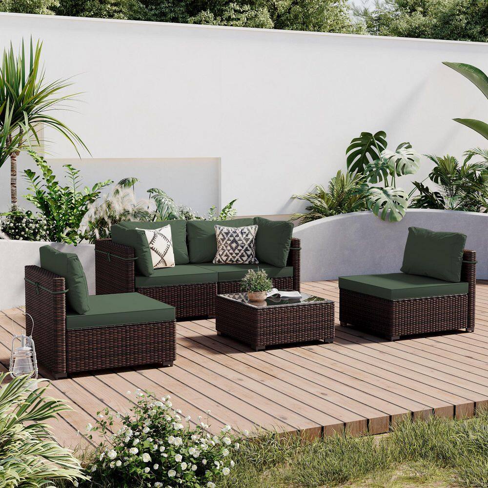 5-Piece Wicker Patio Conversation Seating Set with Green Cushions and Coffee Table price history on PriceWatchPro
