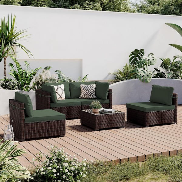 5-Piece Wicker Patio Conversation Seating Set with Green Cushions and Coffee Table