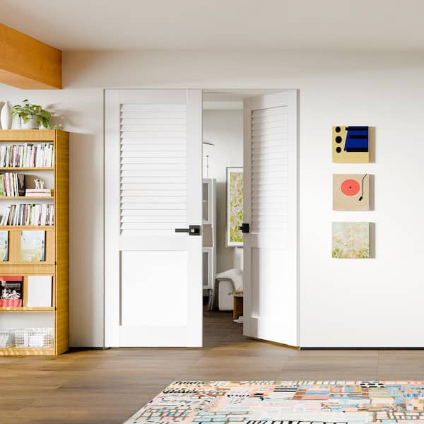 64 in. x 80 in. Half Louvered Panel, Composite, MDF, White Primed Interior Door Slab With Black Lever Handle