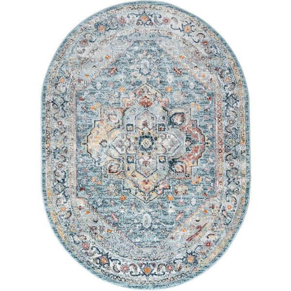 Tayse Rugs Wakefield Oriental Gray Blue 5 ft. x 8ft. Oval Indoor Area Rug