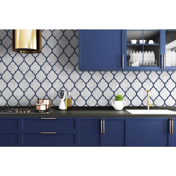 Marbled Royal Blue and Carrara Ogee Geometric 20.5 in. x 18 ft. Peel and Stick Wallpaper