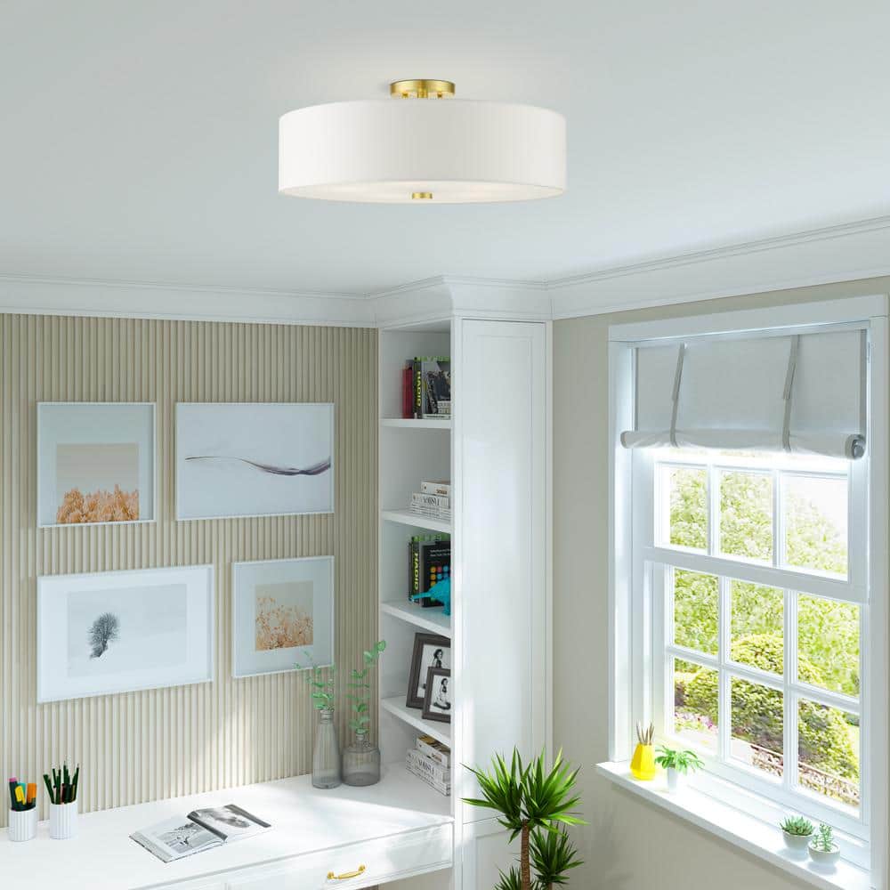 Satin Brass 5-Light Semi-Flush Drum Ceiling Fixture with Off-White Shade