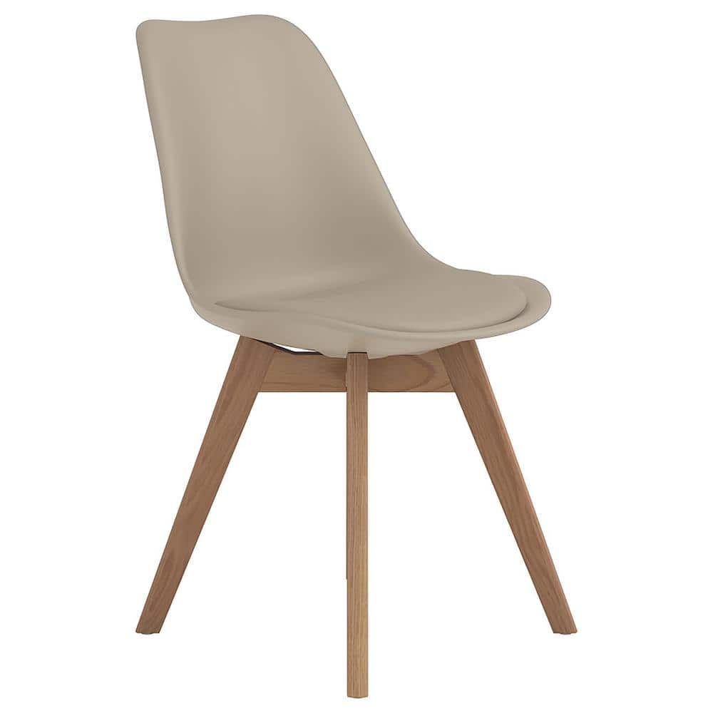Tan Upholstered Transitional Side Chair with Oak Legs