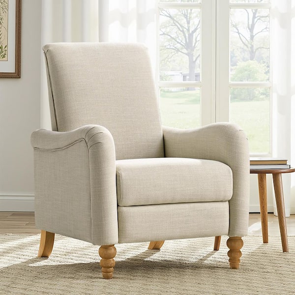 Ivan Linen Farmhouse Polyester Recliner with Solid Wood Spindle Legs