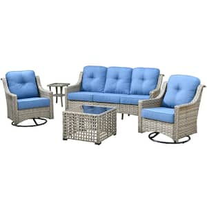 Denver 5-Piece Wicker Outdoor Furniture Patio Conversation Sofa Set with Swivel Rocking Chairs and Sky Blue Cushions