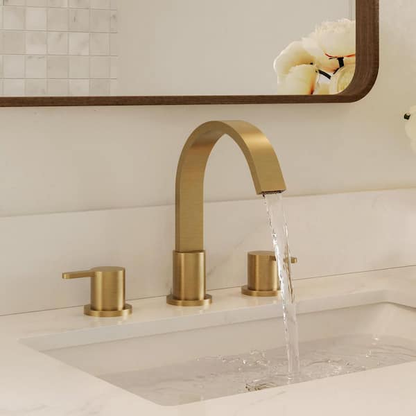 8 in. Waterfall Widespread Double Handle 360° Swivel Bathroom Faucet with Pop-Up Drain in Brushed Gold (1-Pack)