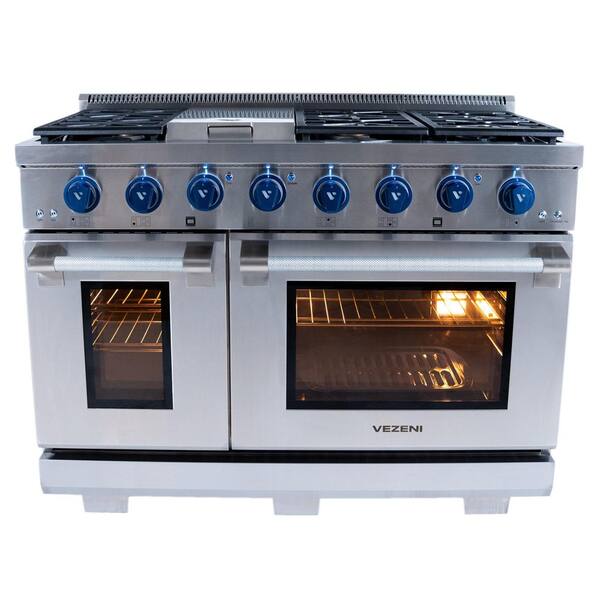 Randolph Pro 48 in. 5-German Brass Burners Freestanding Double Oven Natural Gas Stainless Steel Range, Blue LED Knobs