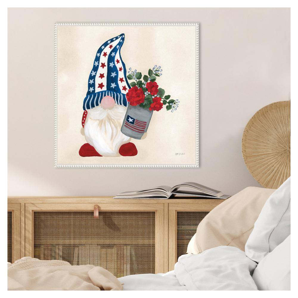 Patriotic Gnome with Red Flowers Canvas Art Print in White Frame