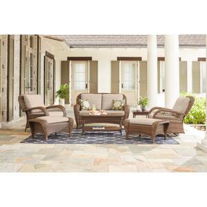 Beacon Park Brown Wicker Outdoor Patio Loveseat with CushionGuard Putty Tan Cushions