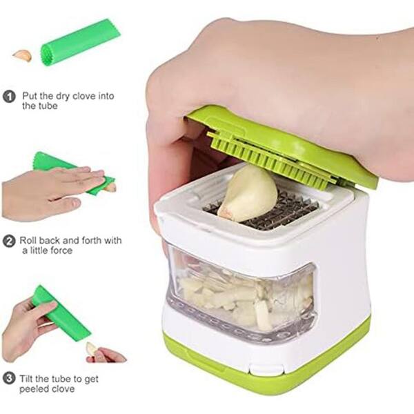 Garlic-A-Peel Press & Peeler Set - Stainless Steel Garlic Mincer With Storage Container