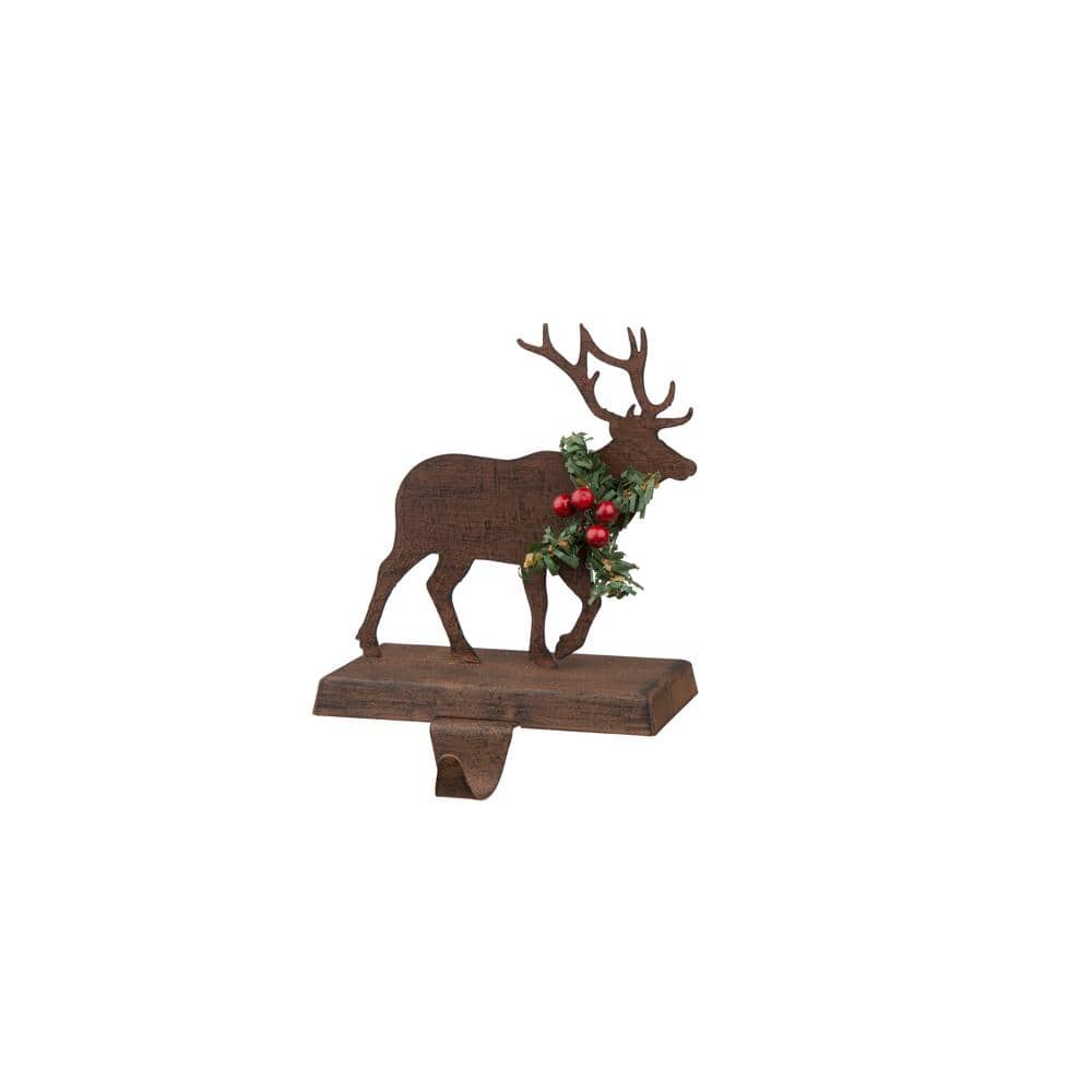 6.5" Brown and Green Wooden and Metal Reindeer Stocking Holder